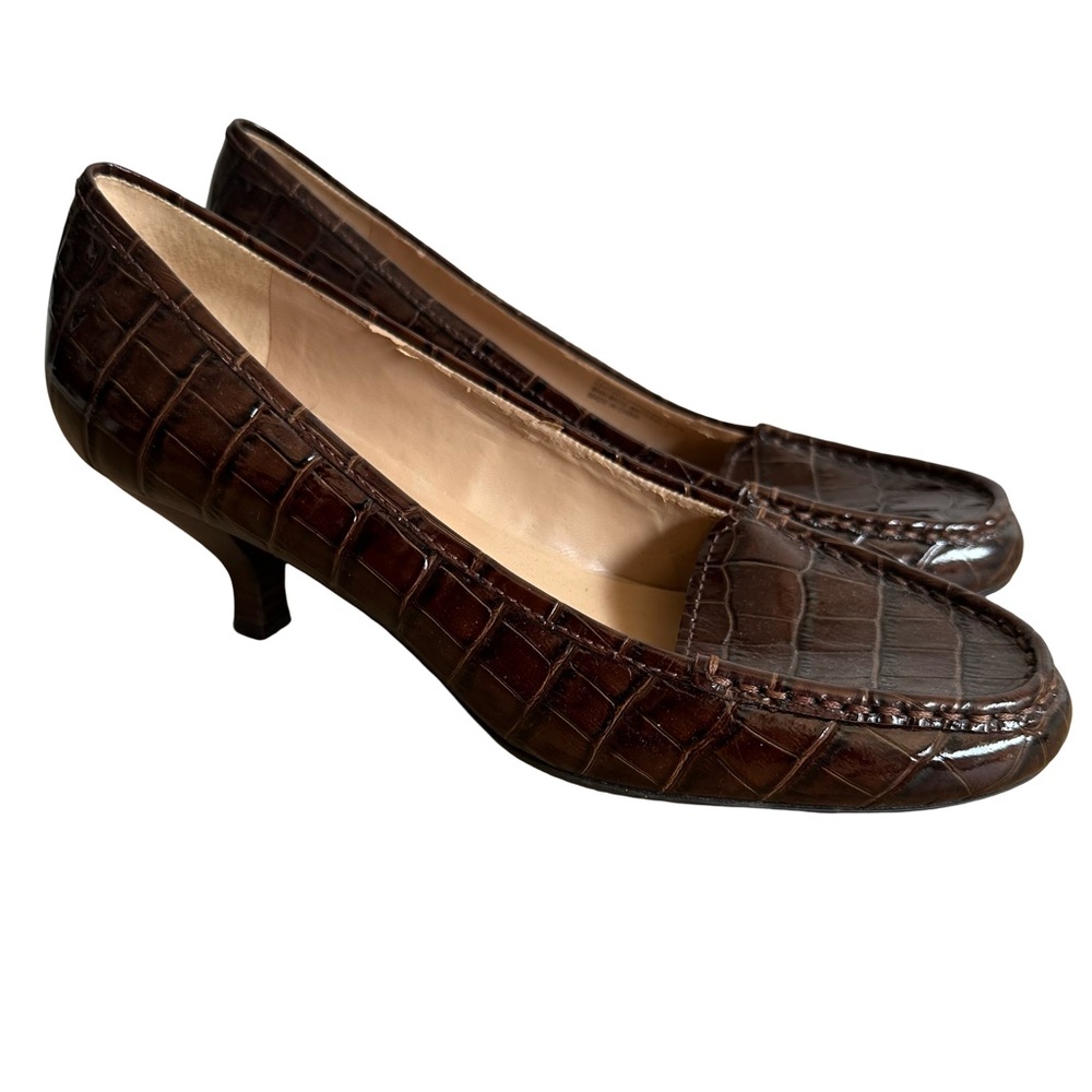 FRANCO SARTO JURY BROWN CROCODILE PRINT SlIP ON HEELS SHOE